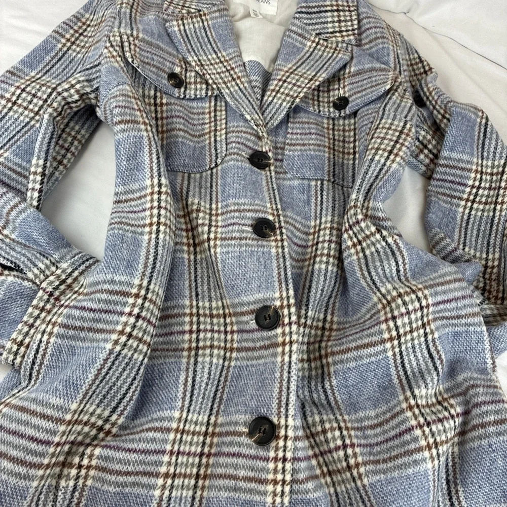 Tribal Jeans Blue‎ Plaid Shacket Long Button Front Coat Wool Blend Size Medium
